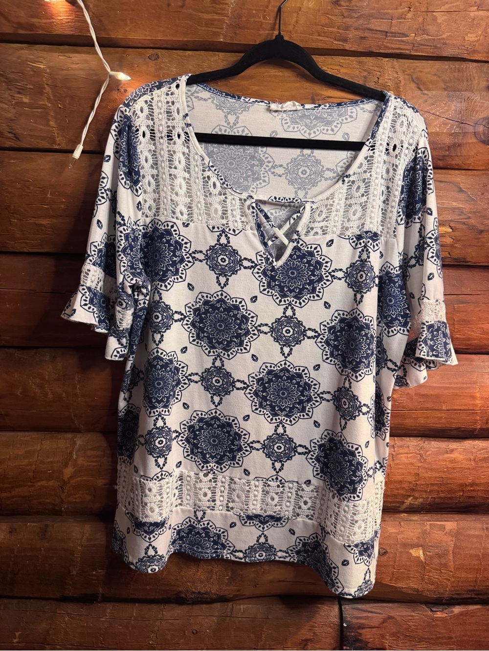 Siren Lily Cream and Navy Medallion Lace-Trim Top